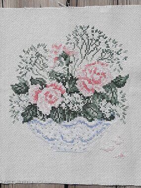 Vintage Finished Cross Stitch Pink Flowers in Bowl Picture 10 1/2" x 11"